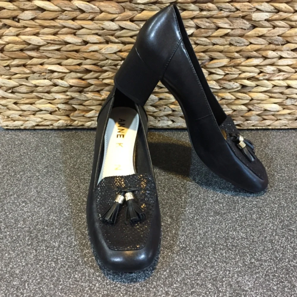 Anne Klein Iflex Black Leather Heeled Loafers with Tassel & Patent Detail